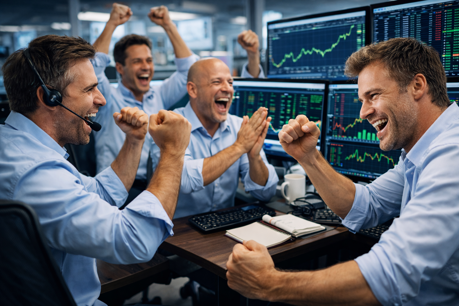Group of traders cheering in front of multiple stock market screens